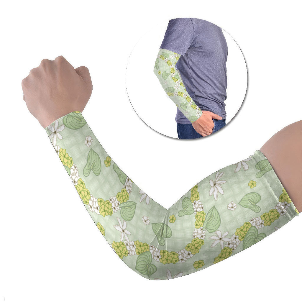 Hawaii Anthurium Tiare Pikake Lei Arm Sleeves Sage Green Lauhala Art Pattern LT01 Set of 2 Green - Polynesian Pride