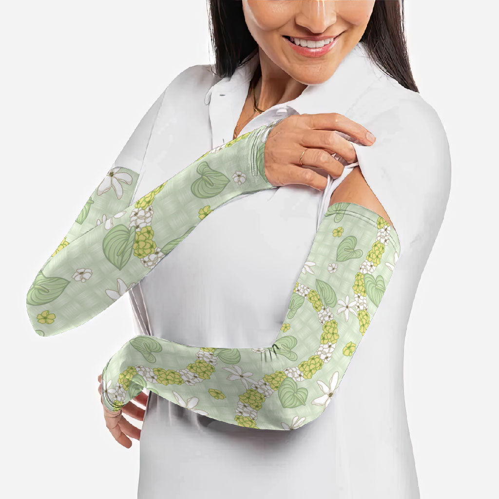 Hawaii Anthurium Tiare Pikake Lei Arm Sleeves Sage Green Lauhala Art Pattern LT01 - Polynesian Pride