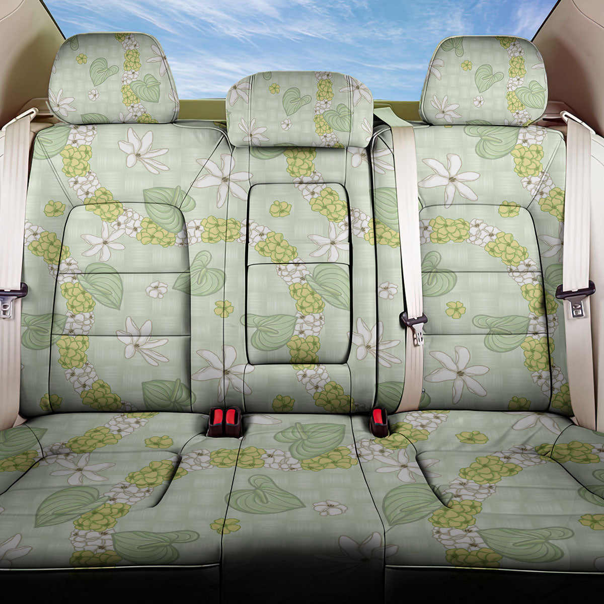 Hawaii Anthurium Tiare Pikake Lei Back Car Seat Cover Sage Green Lauhala Art Pattern