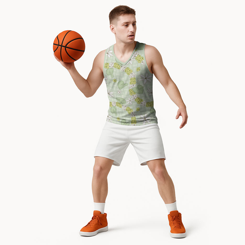 Hawaii Anthurium Tiare Pikake Lei Basketball Jersey Sage Green Lauhala Art Pattern