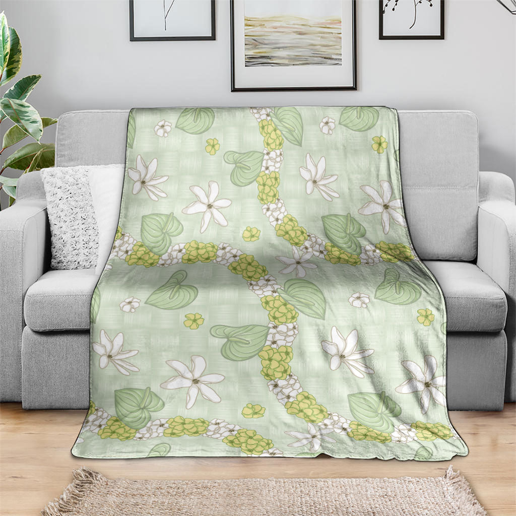 Hawaii Anthurium Tiare Pikake Lei Blanket Sage Green Lauhala Art Pattern