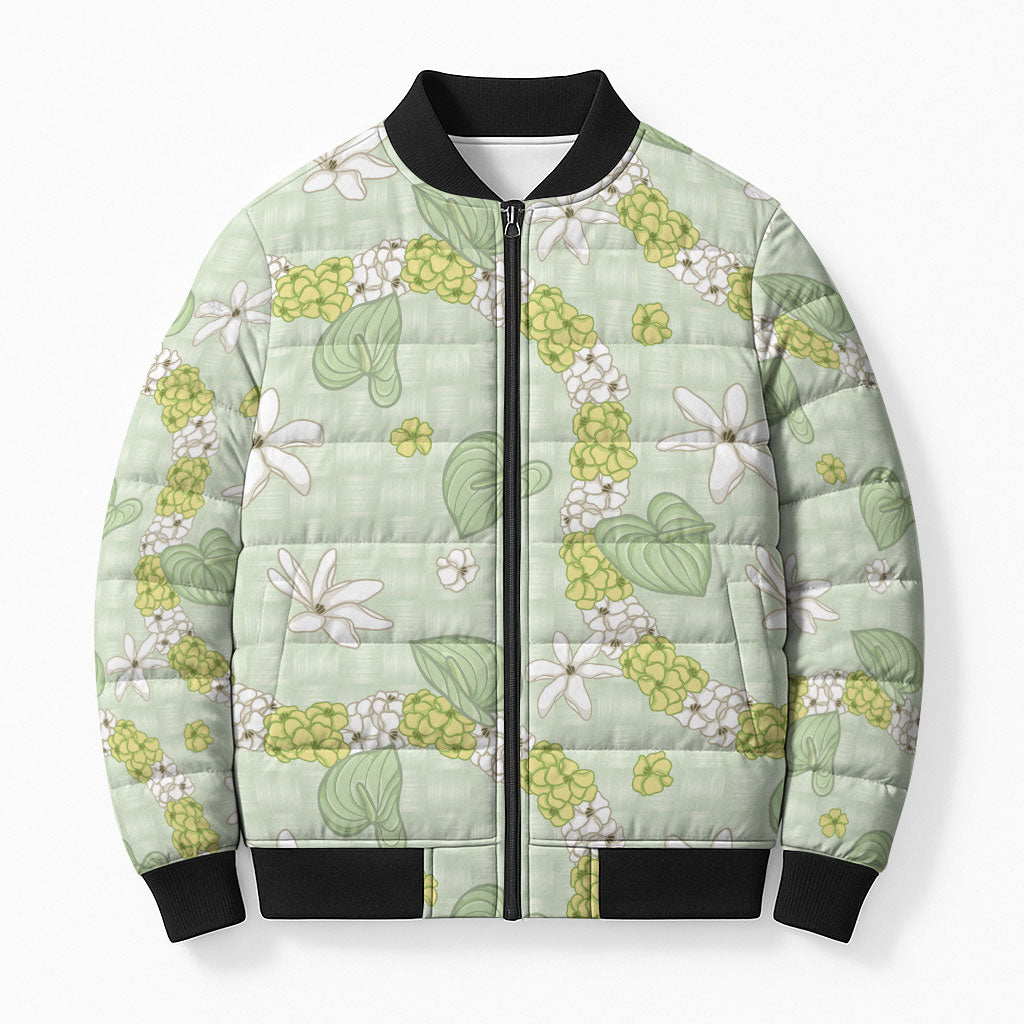 Hawaii Anthurium Tiare Pikake Lei Bomber Puffer Jacket Sage Green Lauhala Art Pattern