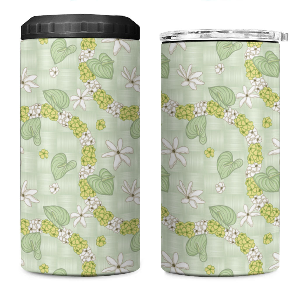 Hawaii Anthurium Tiare Pikake Lei 4 in 1 Can Cooler Tumbler Sage Green Lauhala Art Pattern