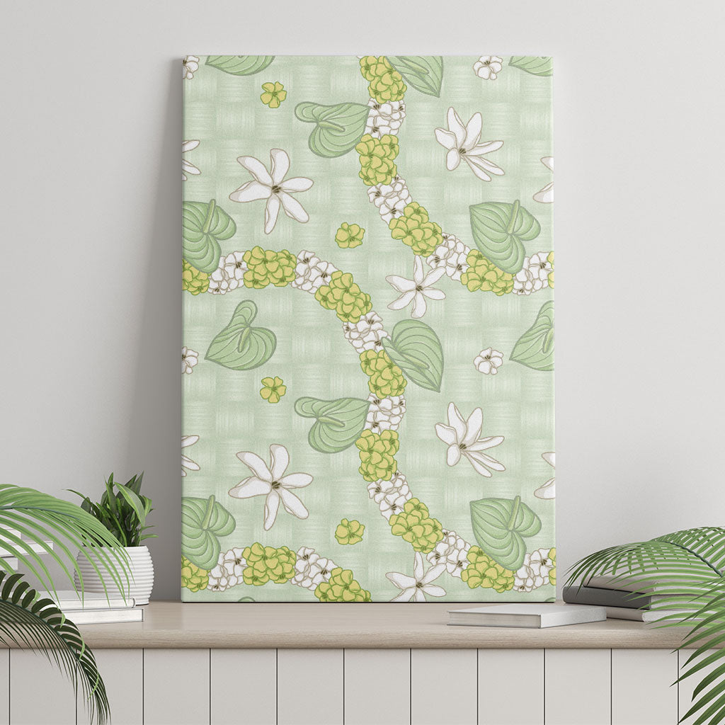 Hawaii Anthurium Tiare Pikake Lei Canvas Wall Art Sage Green Lauhala Art Pattern