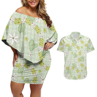 Hawaii Anthurium Tiare Pikake Lei Couples Matching Off Shoulder Short Dress and Hawaiian Shirt Sage Green Lauhala Art Pattern LT01 Green - Polynesian Pride