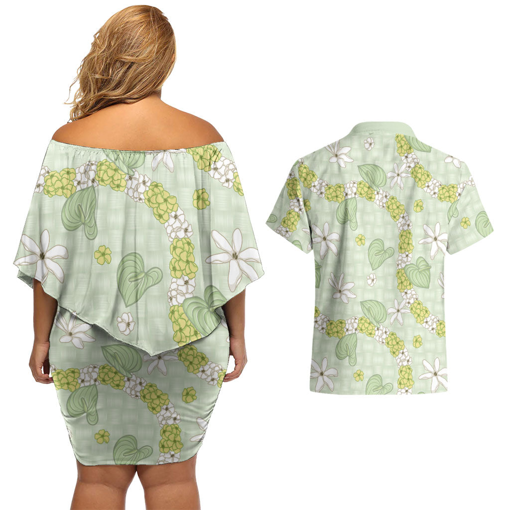 Hawaii Anthurium Tiare Pikake Lei Couples Matching Off Shoulder Short Dress and Hawaiian Shirt Sage Green Lauhala Art Pattern LT01 - Polynesian Pride