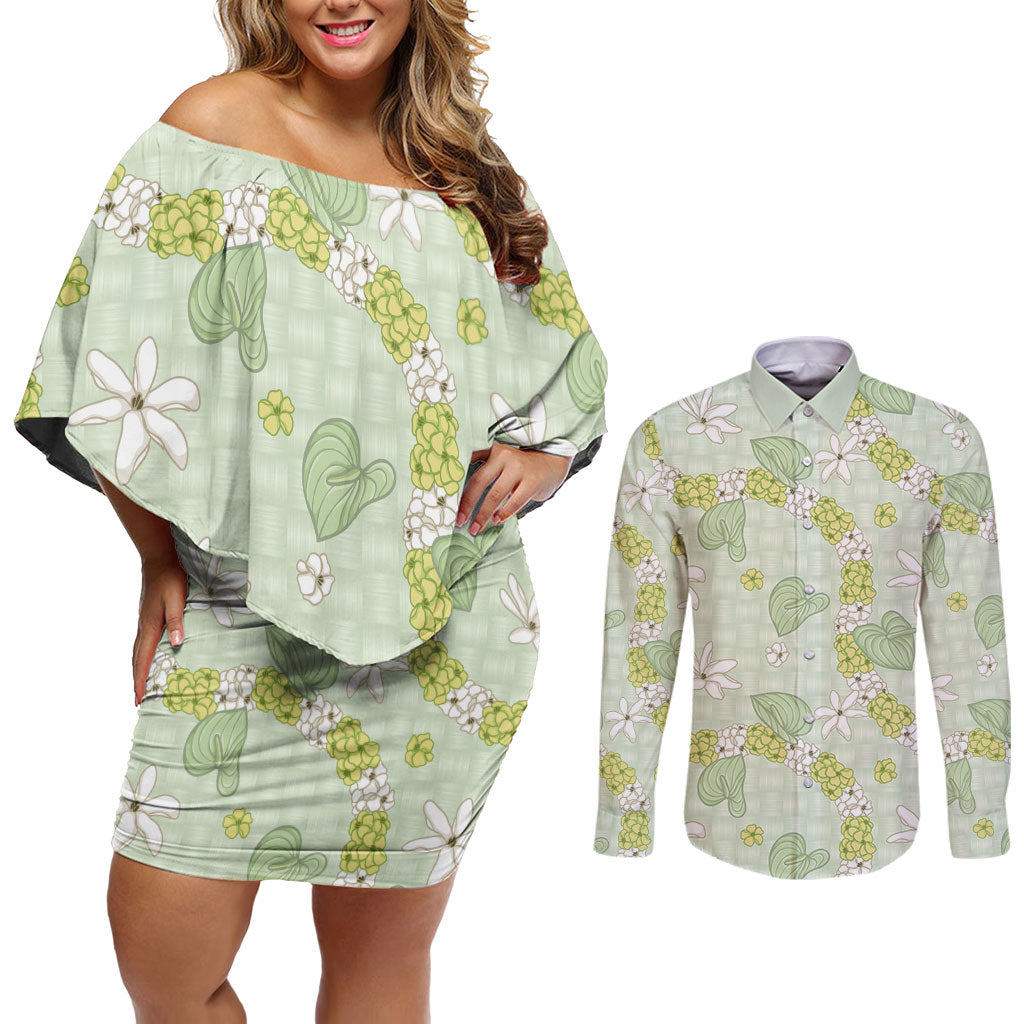 Hawaii Anthurium Tiare Pikake Lei Couples Matching Off Shoulder Short Dress and Long Sleeve Button Shirt Sage Green Lauhala Art Pattern