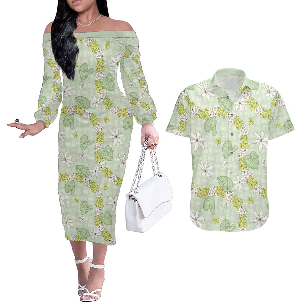 Hawaii Anthurium Tiare Pikake Lei Couples Matching Off The Shoulder Long Sleeve Dress and Hawaiian Shirt Sage Green Lauhala Art Pattern LT01 Green - Polynesian Pride