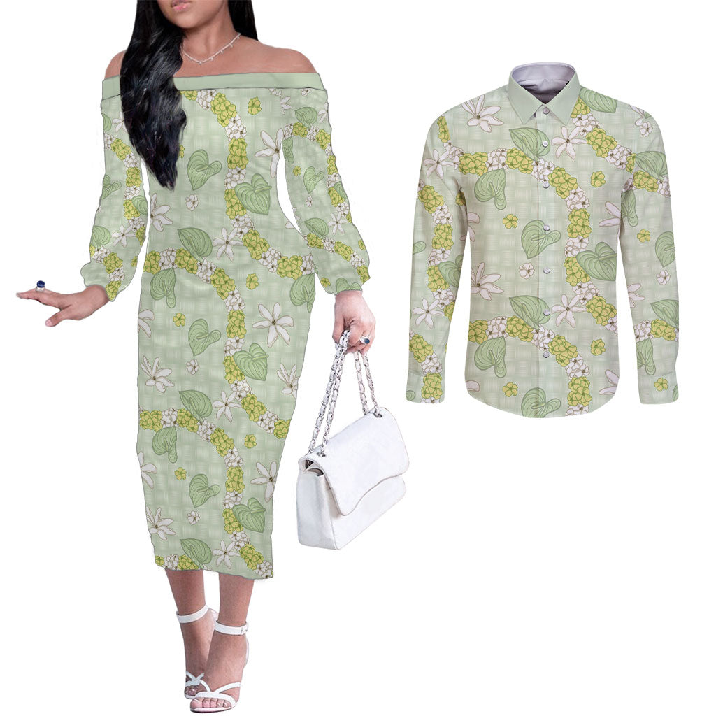 Hawaii Anthurium Tiare Pikake Lei Couples Matching Off The Shoulder Long Sleeve Dress and Long Sleeve Button Shirt Sage Green Lauhala Art Pattern LT01 Green - Polynesian Pride