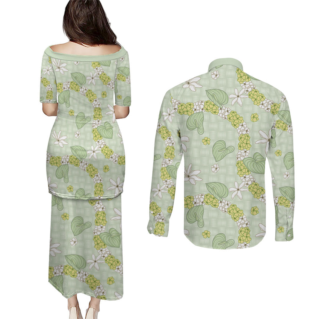 Hawaii Anthurium Tiare Pikake Lei Couples Matching Puletasi and Long Sleeve Button Shirt Sage Green Lauhala Art Pattern