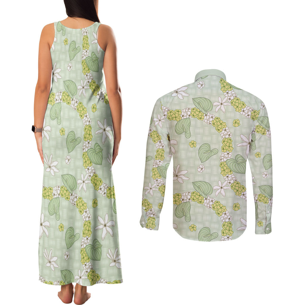 Hawaii Anthurium Tiare Pikake Lei Couples Matching Tank Maxi Dress and Long Sleeve Button Shirt Sage Green Lauhala Art Pattern LT01 - Polynesian Pride