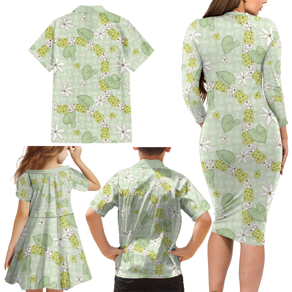 Hawaii Anthurium Tiare Pikake Lei Family Matching Long Sleeve Bodycon Dress and Hawaiian Shirt Sage Green Lauhala Art Pattern LT01 - Polynesian Pride