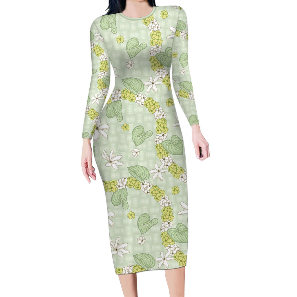 Hawaii Anthurium Tiare Pikake Lei Family Matching Long Sleeve Bodycon Dress and Hawaiian Shirt Sage Green Lauhala Art Pattern LT01 Mom's Dress Green - Polynesian Pride