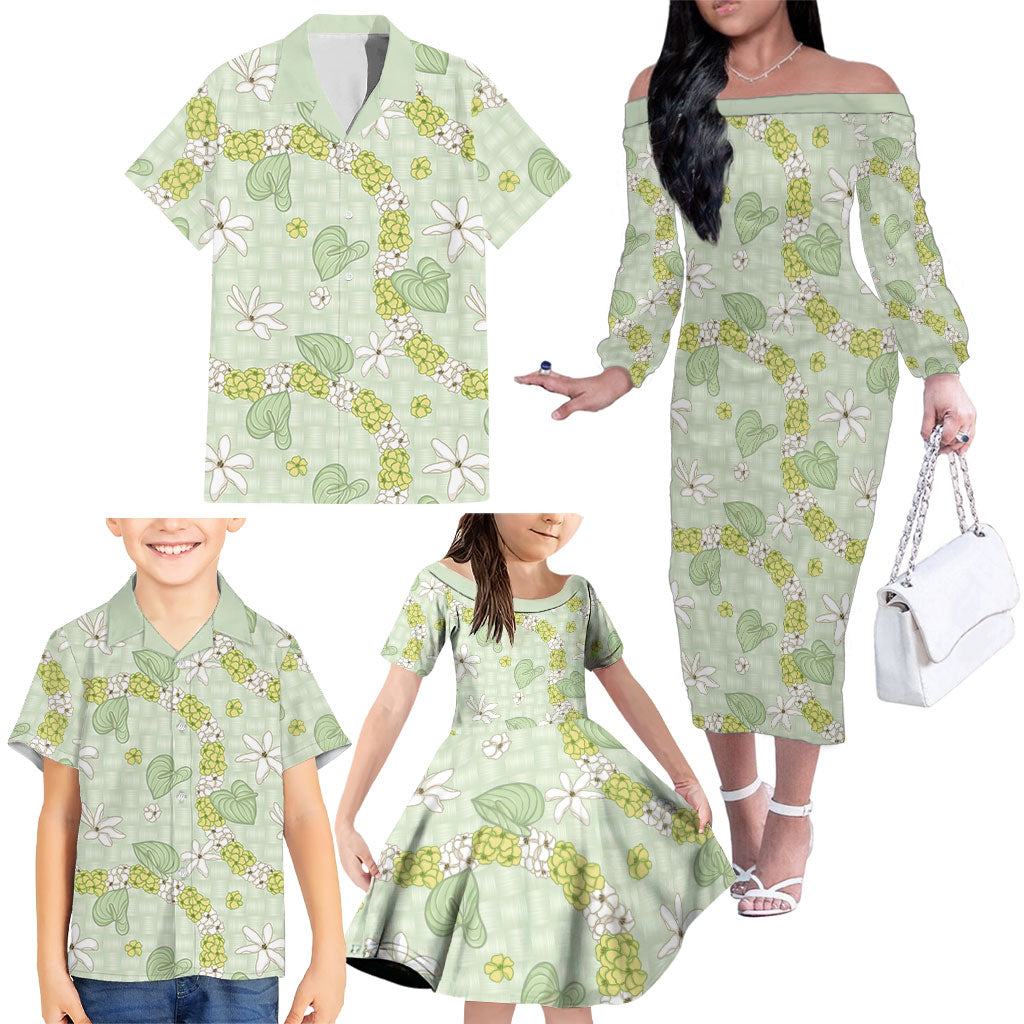 Hawaii Anthurium Tiare Pikake Lei Family Matching Off The Shoulder Long Sleeve Dress and Hawaiian Shirt Sage Green Lauhala Art Pattern LT01 - Polynesian Pride