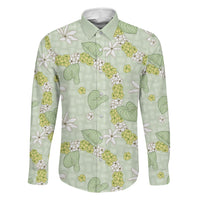 Hawaii Anthurium Tiare Pikake Lei Family Matching Off The Shoulder Long Sleeve Dress and Hawaiian Shirt Sage Green Lauhala Art Pattern LT01 Dad's Shirt - Long Sleeve Green - Polynesian Pride