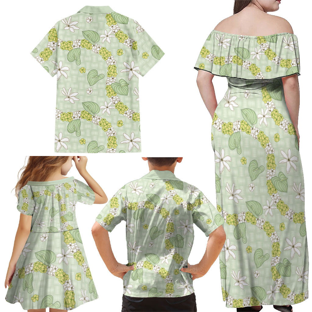 Hawaii Anthurium Tiare Pikake Lei Family Matching Off Shoulder Maxi Dress and Hawaiian Shirt Sage Green Lauhala Art Pattern LT01 - Polynesian Pride