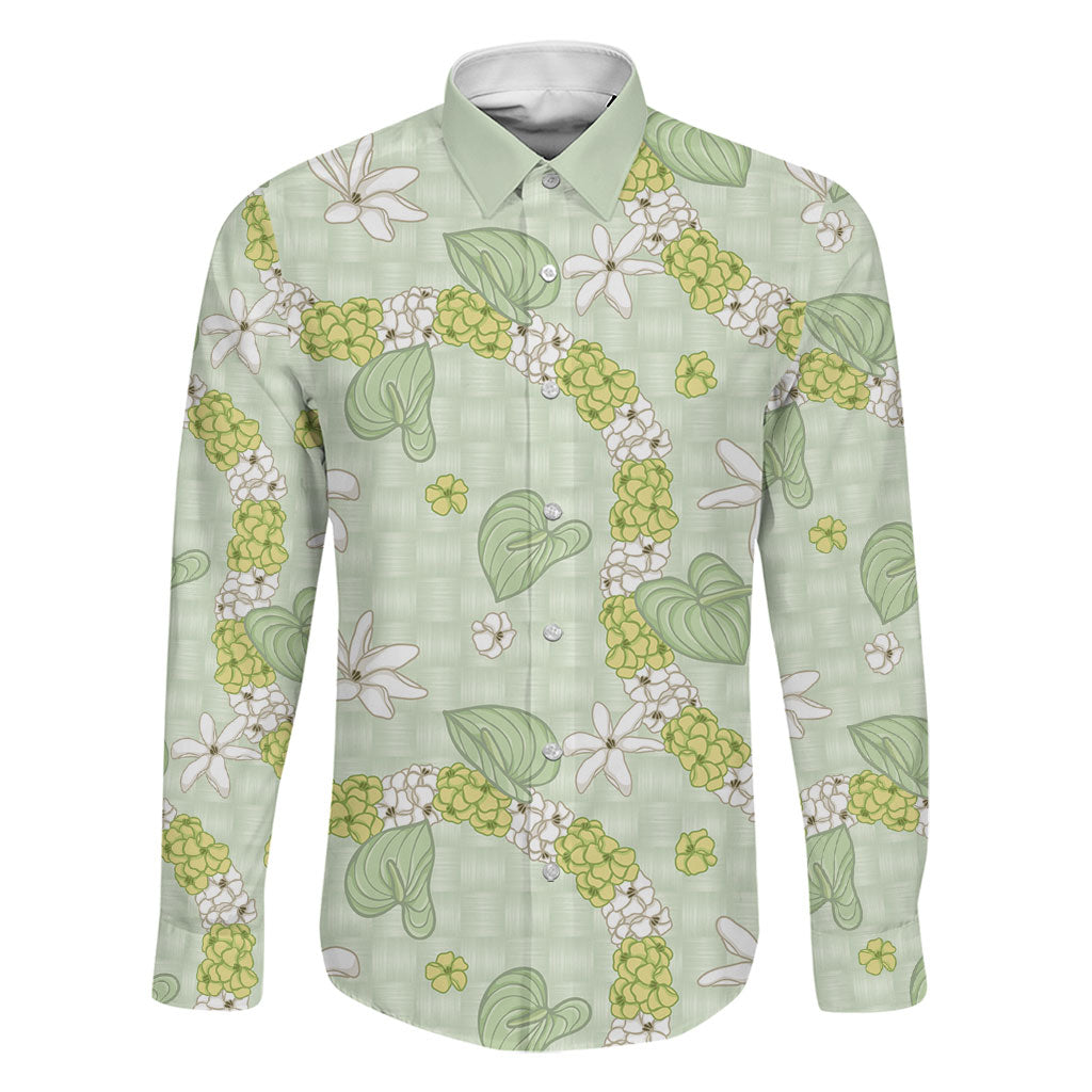 Hawaii Anthurium Tiare Pikake Lei Family Matching Off Shoulder Maxi Dress and Hawaiian Shirt Sage Green Lauhala Art Pattern LT01 Dad's Shirt - Long Sleeve Green - Polynesian Pride