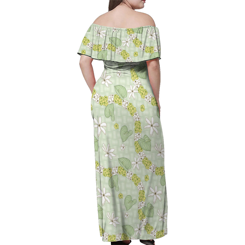 Hawaii Anthurium Tiare Pikake Lei Family Matching Off Shoulder Maxi Dress and Hawaiian Shirt Sage Green Lauhala Art Pattern LT01 - Polynesian Pride