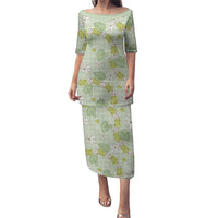 Hawaii Anthurium Tiare Pikake Lei Family Matching Puletasi and Hawaiian Shirt Sage Green Lauhala Art Pattern LT01 Mom's Dress Green - Polynesian Pride