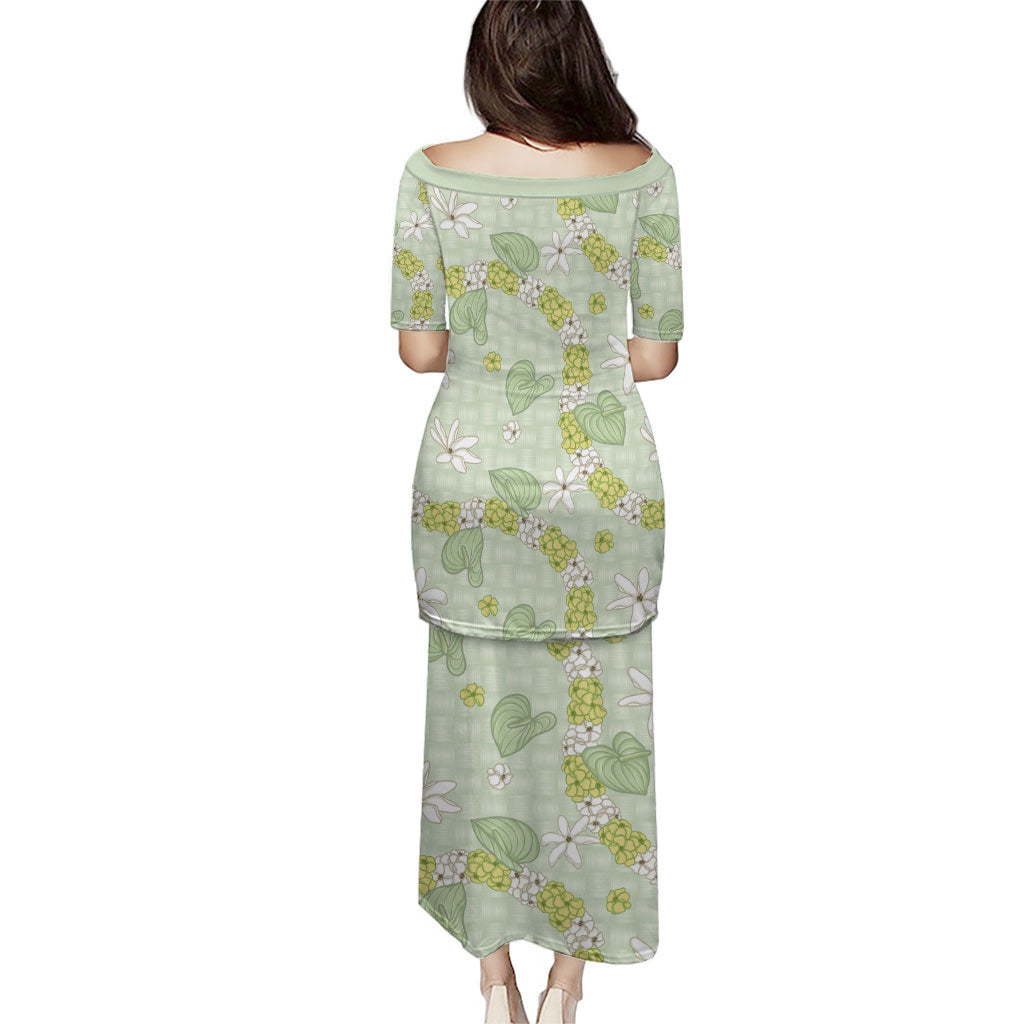 Hawaii Anthurium Tiare Pikake Lei Family Matching Puletasi and Hawaiian Shirt Sage Green Lauhala Art Pattern LT01 - Polynesian Pride