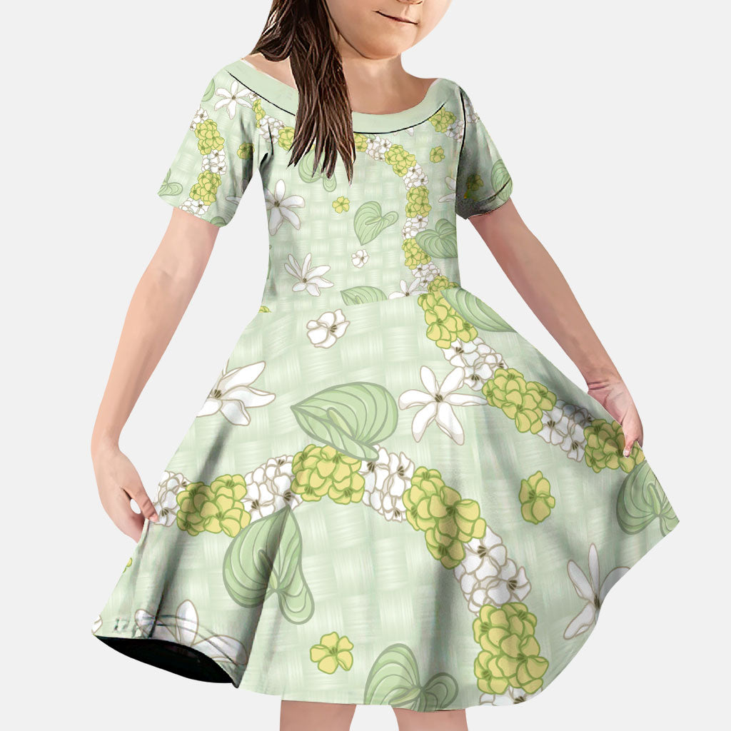 Hawaii Anthurium Tiare Pikake Lei Family Matching Summer Maxi Dress and Hawaiian Shirt Sage Green Lauhala Art Pattern LT01 Daughter's Dress Green - Polynesian Pride