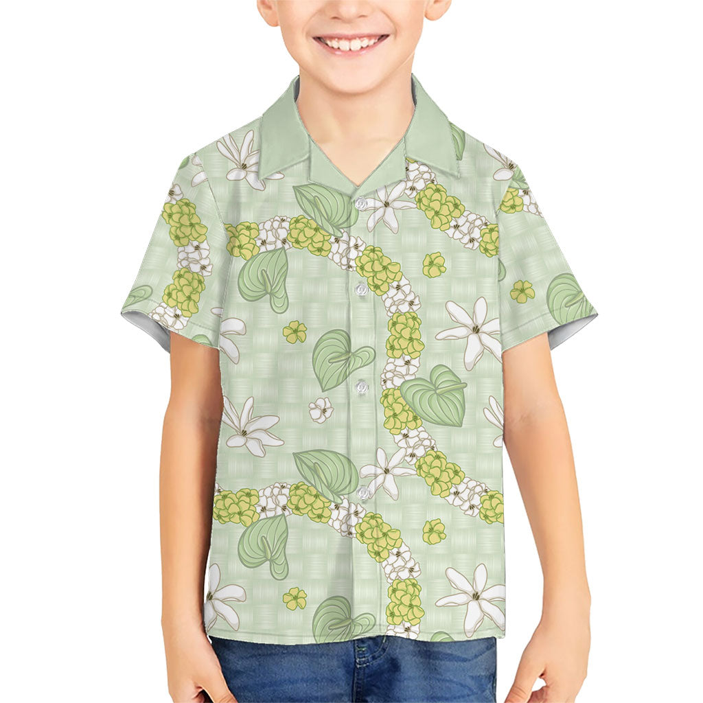 Hawaii Anthurium Tiare Pikake Lei Family Matching Summer Maxi Dress and Hawaiian Shirt Sage Green Lauhala Art Pattern LT01 Son's Shirt Green - Polynesian Pride