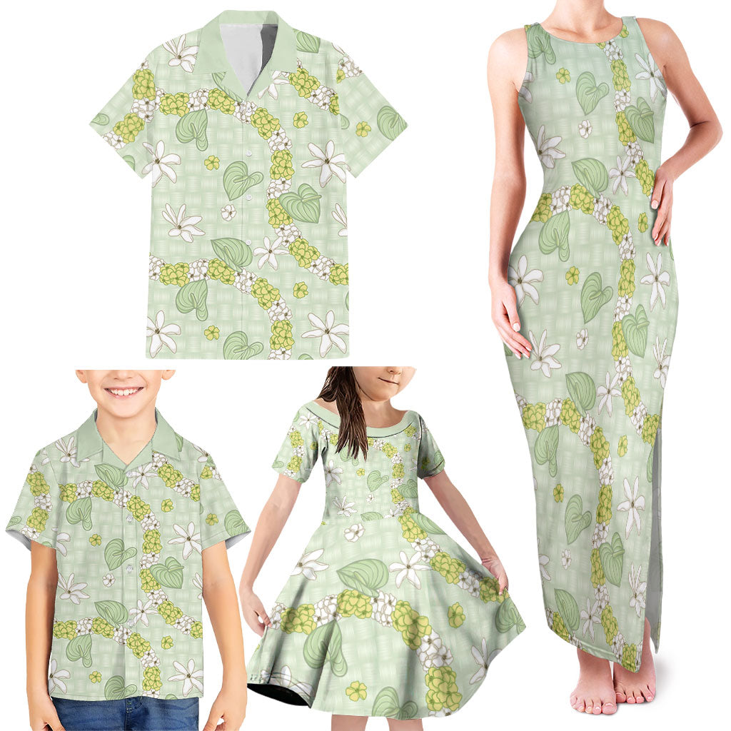 Hawaii Anthurium Tiare Pikake Lei Family Matching Tank Maxi Dress and Hawaiian Shirt Sage Green Lauhala Art Pattern