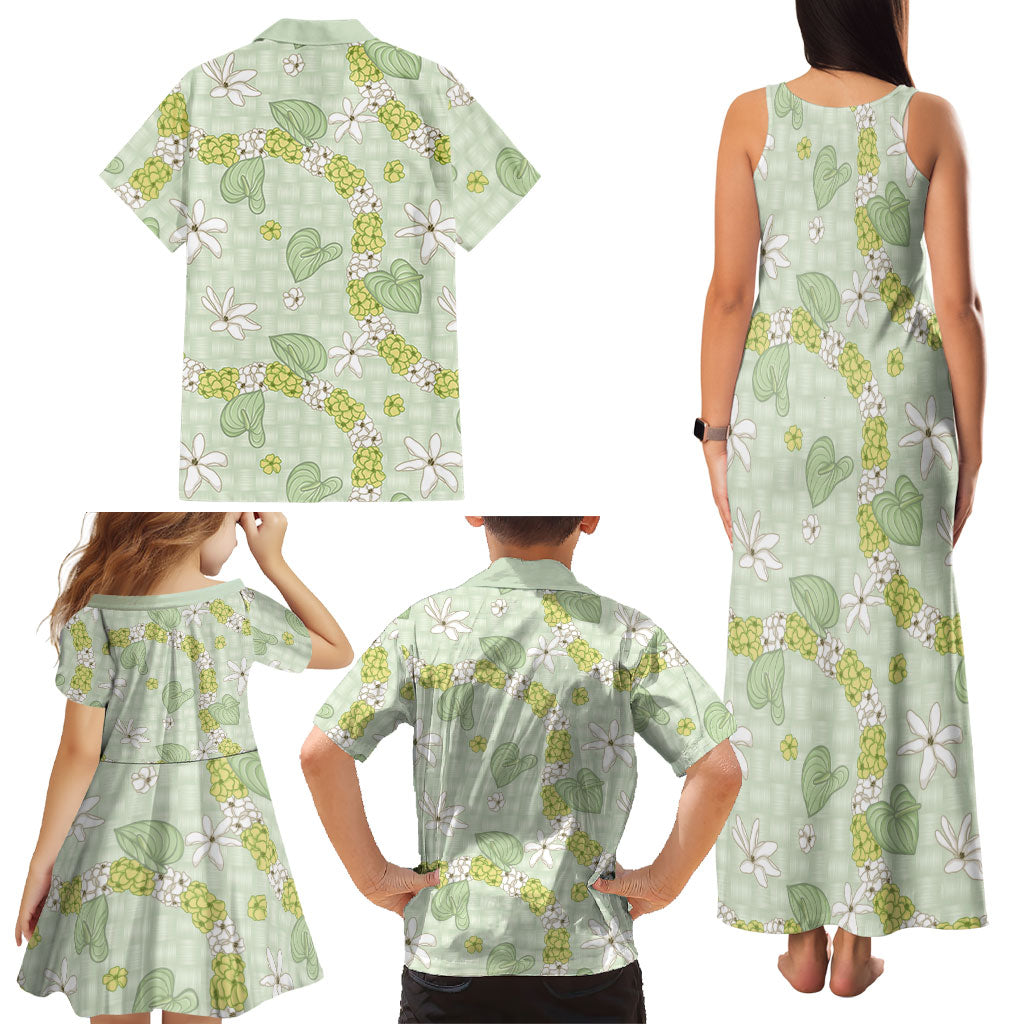 Hawaii Anthurium Tiare Pikake Lei Family Matching Tank Maxi Dress and Hawaiian Shirt Sage Green Lauhala Art Pattern LT01 - Polynesian Pride