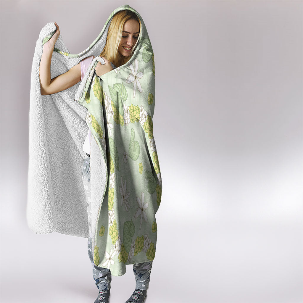 Hawaii Anthurium Tiare Pikake Lei Hooded Blanket Sage Green Lauhala Art Pattern