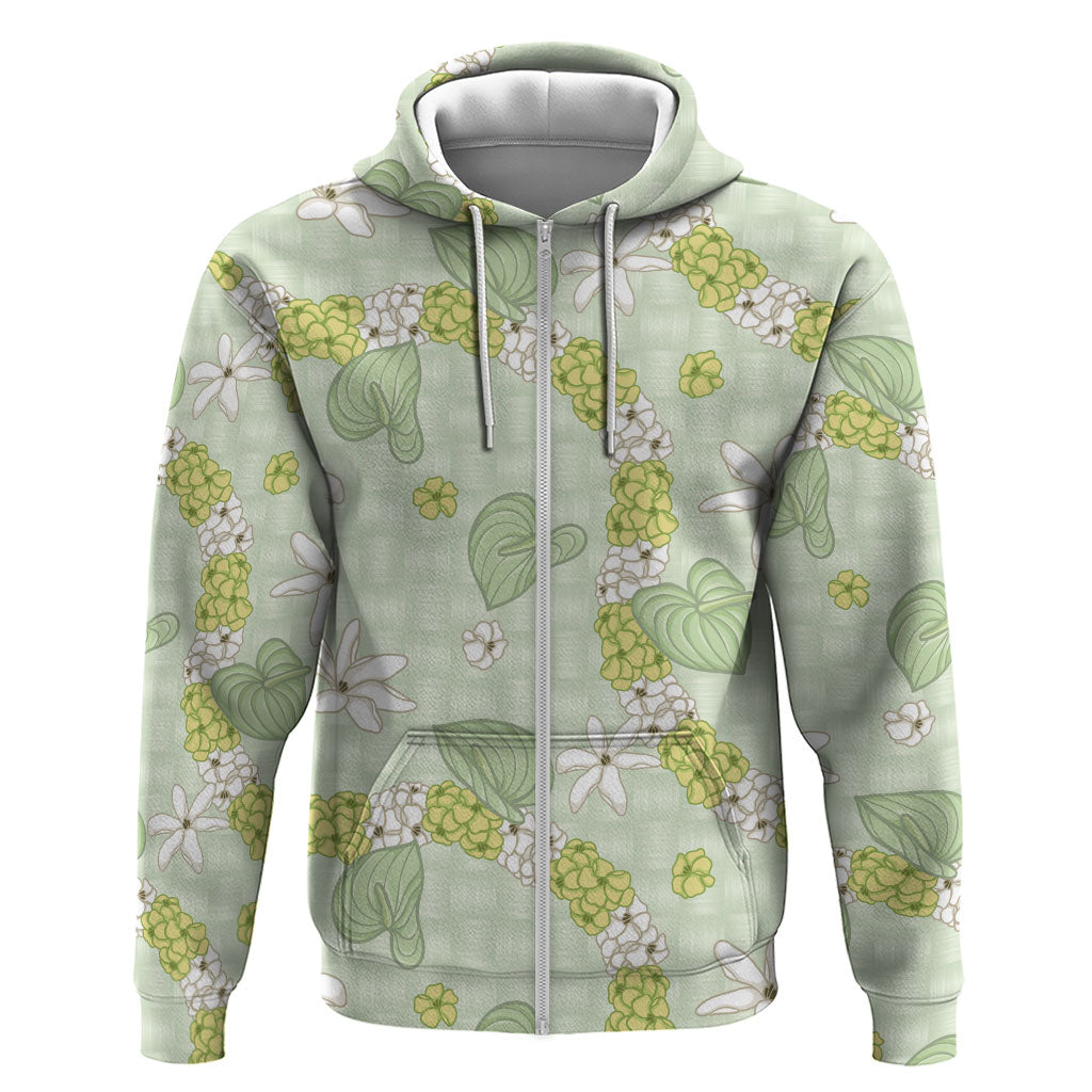 Hawaii Anthurium Tiare Pikake Lei Hoodie Sage Green Lauhala Art Pattern LT01 Zip Hoodie Green - Polynesian Pride