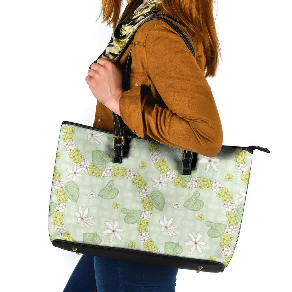 Hawaii Anthurium Tiare Pikake Lei Leather Tote Bag Sage Green Lauhala Art Pattern