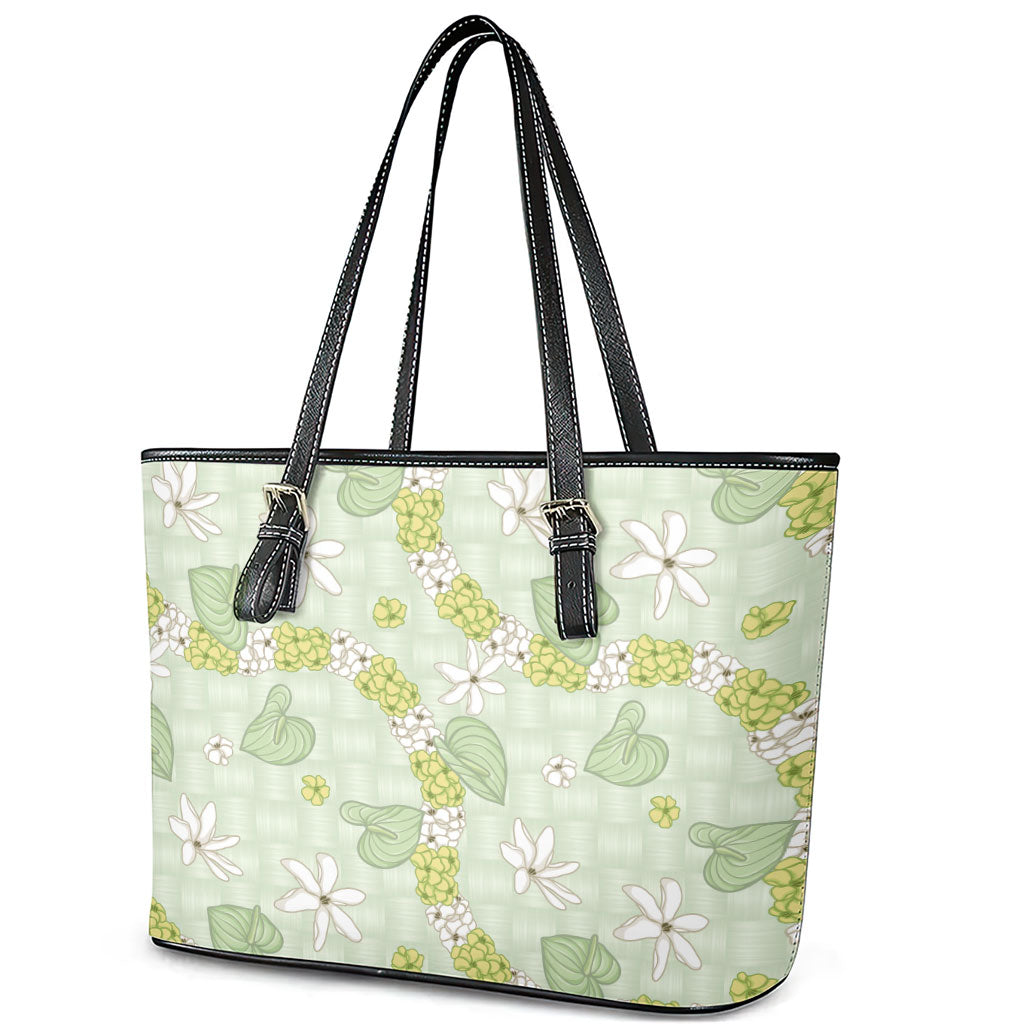 Hawaii Anthurium Tiare Pikake Lei Leather Tote Bag Sage Green Lauhala Art Pattern