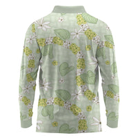 Hawaii Anthurium Tiare Pikake Lei Long Sleeve Polo Shirt Sage Green Lauhala Art Pattern