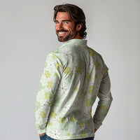 Hawaii Anthurium Tiare Pikake Lei Long Sleeve Polo Shirt Sage Green Lauhala Art Pattern