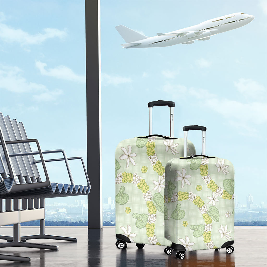 Hawaii Anthurium Tiare Pikake Lei Luggage Cover Sage Green Lauhala Art Pattern