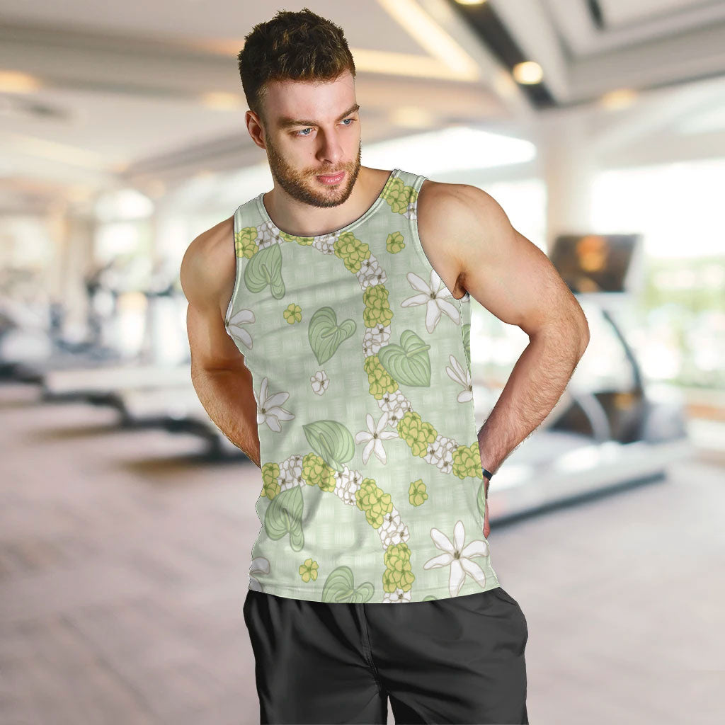 Hawaii Anthurium Tiare Pikake Lei Men Tank Top Sage Green Lauhala Art Pattern