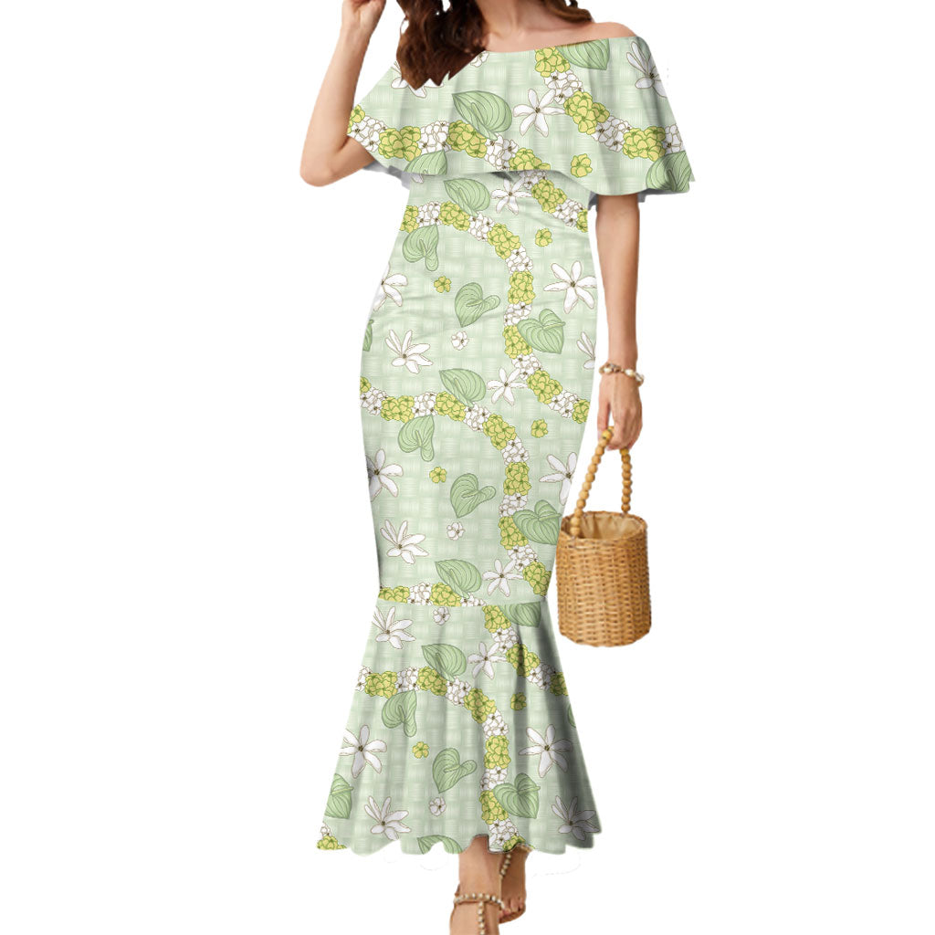 Hawaii Anthurium Tiare Pikake Lei Mermaid Dress Sage Green Lauhala Art Pattern LT01 Women Green - Polynesian Pride