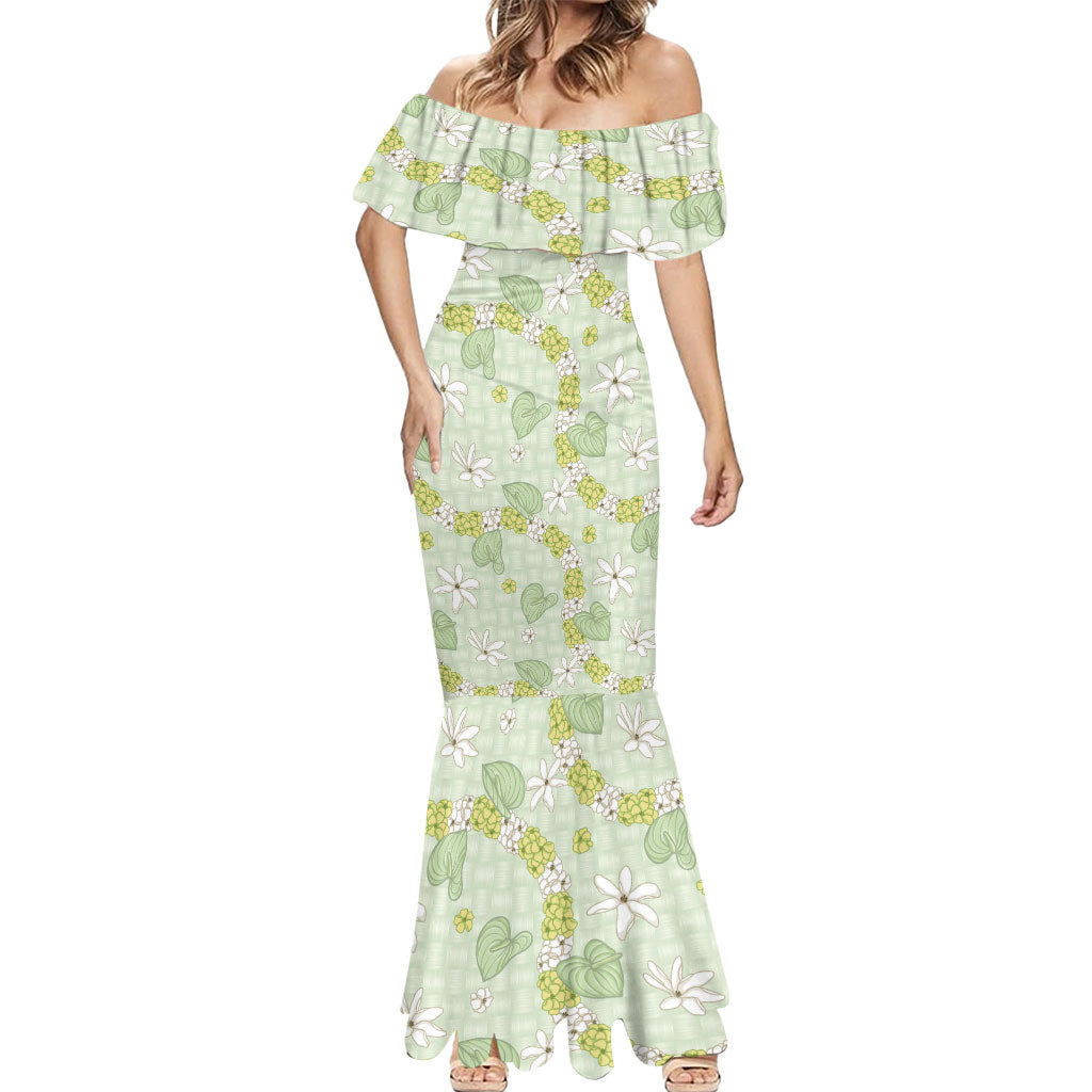 Hawaii Anthurium Tiare Pikake Lei Mermaid Dress Sage Green Lauhala Art Pattern LT01 - Polynesian Pride