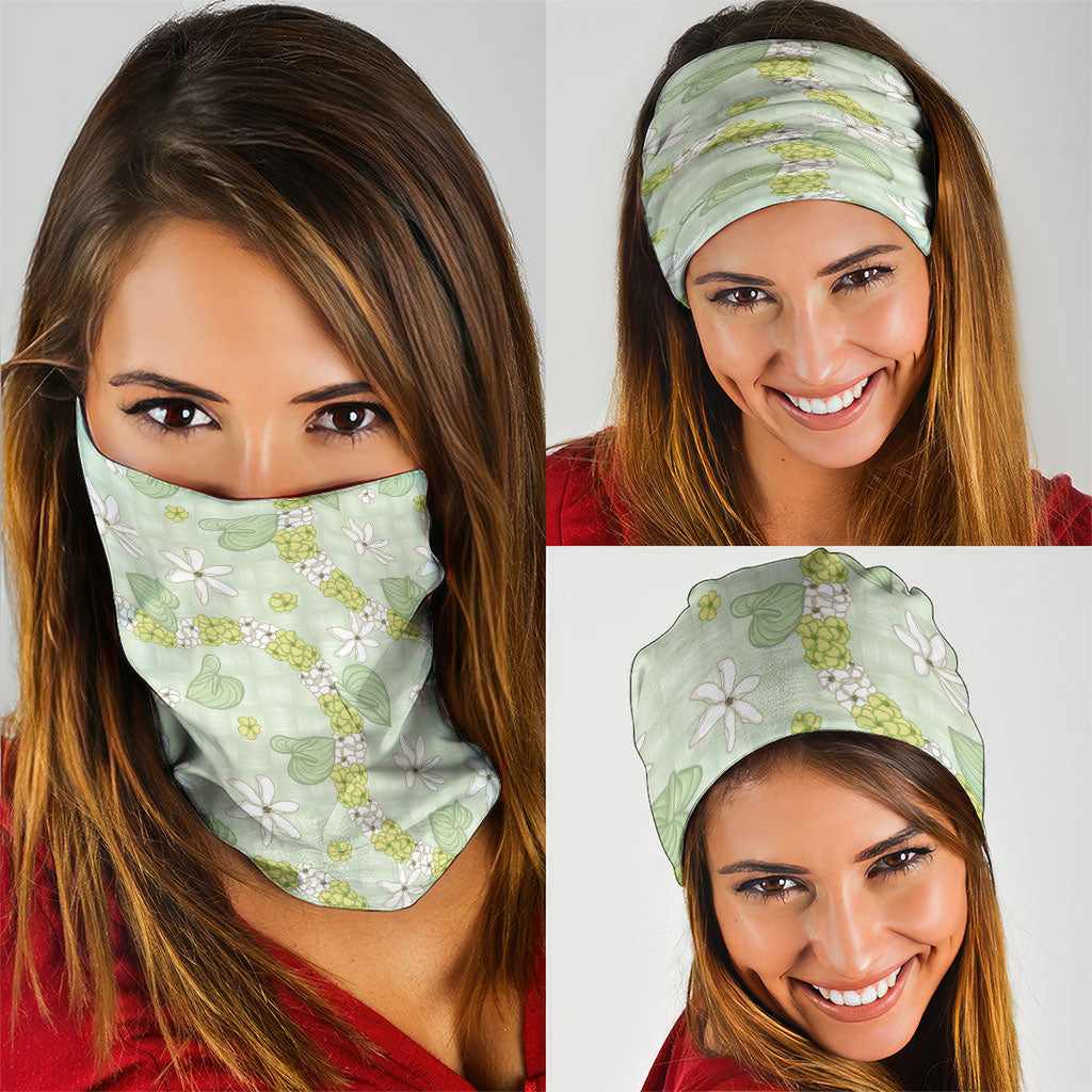 Hawaii Anthurium Tiare Pikake Lei Neck Gaiter Sage Green Lauhala Art Pattern