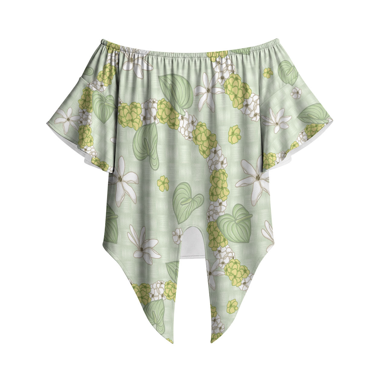 Hawaii Anthurium Tiare Pikake Lei Off Shoulder Wrap Waist Top Sage Green Lauhala Art Pattern LT01 Green - Polynesian Pride