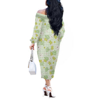 Hawaii Anthurium Tiare Pikake Lei Off The Shoulder Long Sleeve Dress Sage Green Lauhala Art Pattern