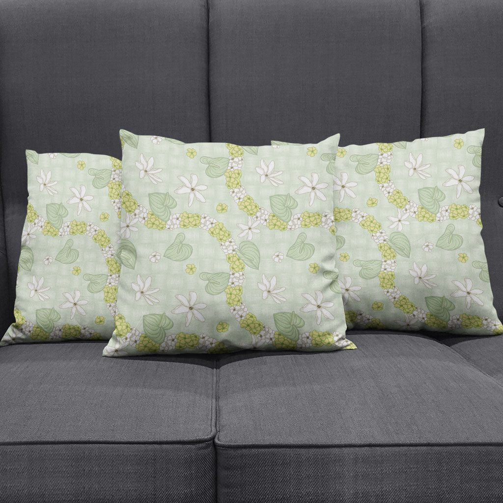 Hawaii Anthurium Tiare Pikake Lei Pillow Cover Sage Green Lauhala Art Pattern