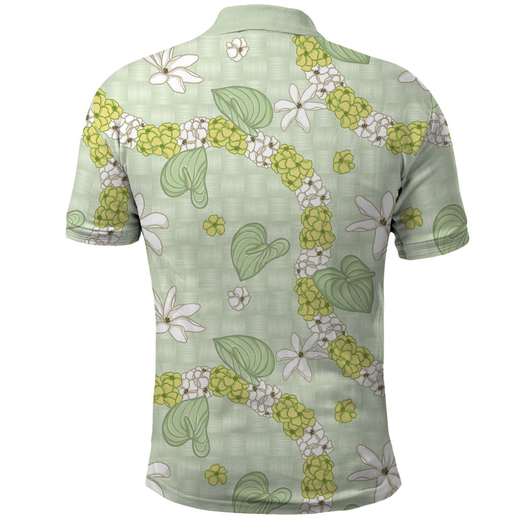 Hawaii Anthurium Tiare Pikake Lei Polo Shirt Sage Green Lauhala Art Pattern