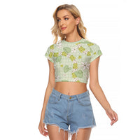 Hawaii Anthurium Tiare Pikake Lei Raglan Cropped T Shirt Sage Green Lauhala Art Pattern