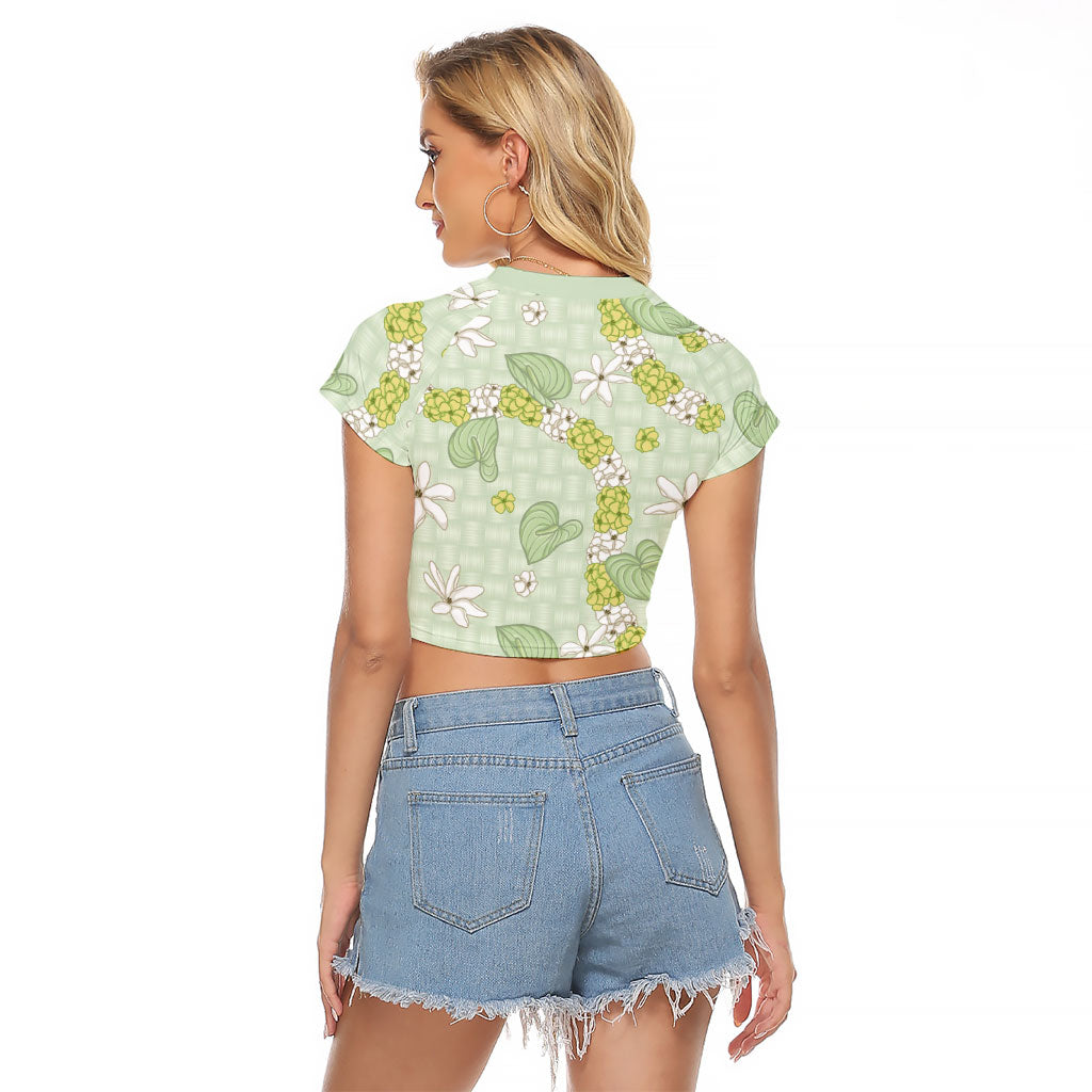 Hawaii Anthurium Tiare Pikake Lei Raglan Cropped T Shirt Sage Green Lauhala Art Pattern