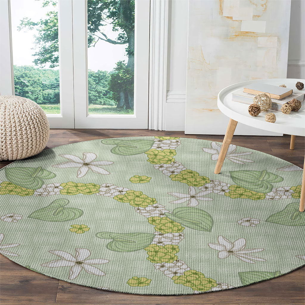 Hawaii Anthurium Tiare Pikake Lei Round Carpet Sage Green Lauhala Art Pattern