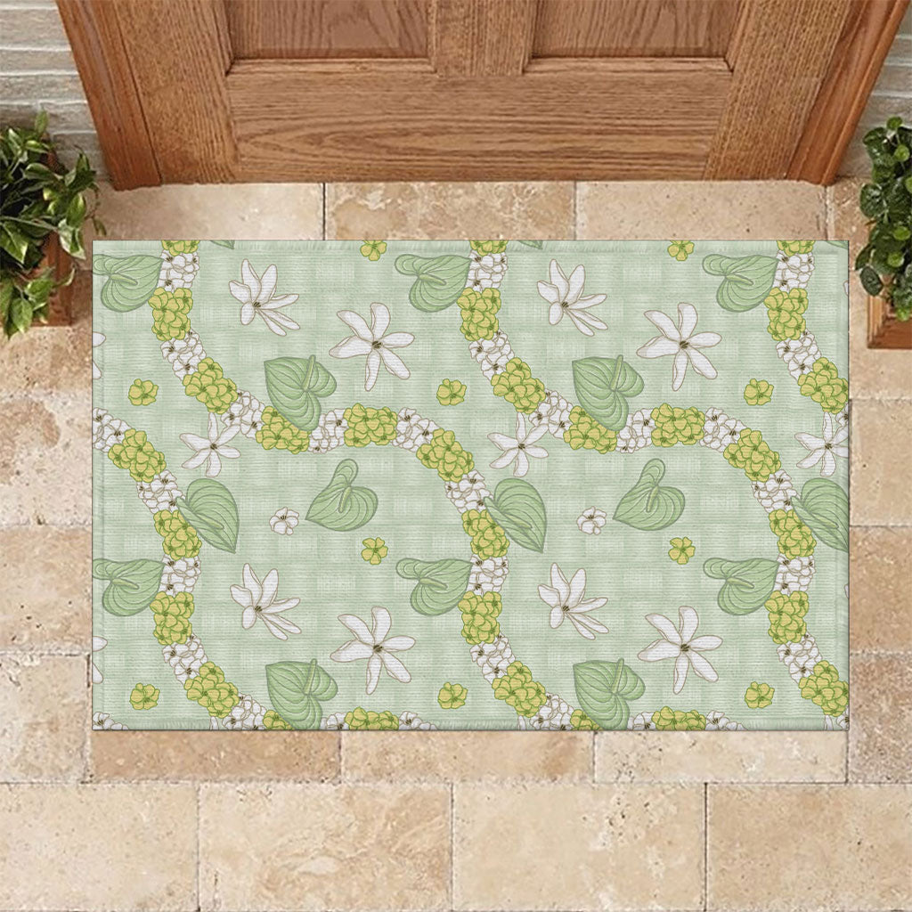 Hawaii Anthurium Tiare Pikake Lei Rubber Doormat Sage Green Lauhala Art Pattern
