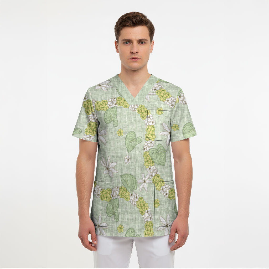 Hawaii Anthurium Tiare Pikake Lei Scrub Top Sage Green Lauhala Art Pattern