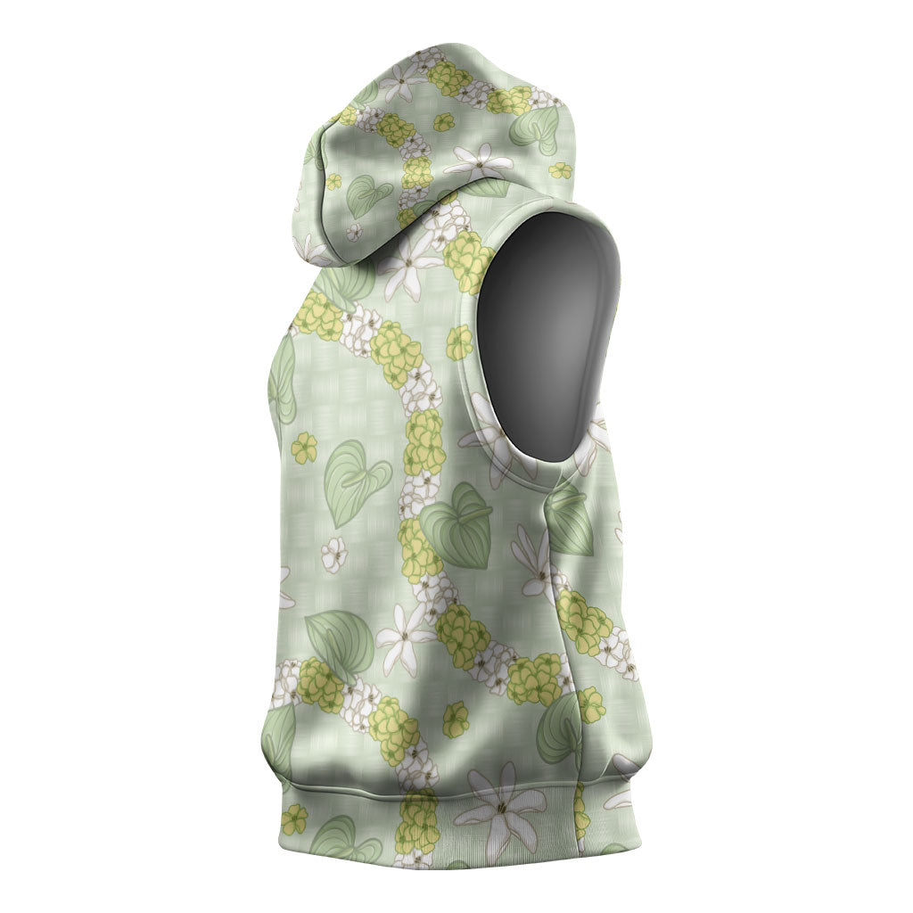 Hawaii Anthurium Tiare Pikake Lei Sleeveless Hoodie Sage Green Lauhala Art Pattern LT01 - Polynesian Pride