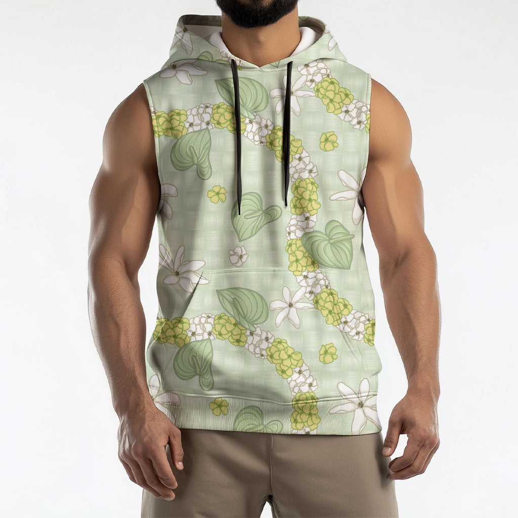 Hawaii Anthurium Tiare Pikake Lei Sleeveless Hoodie Sage Green Lauhala Art Pattern LT01 - Polynesian Pride